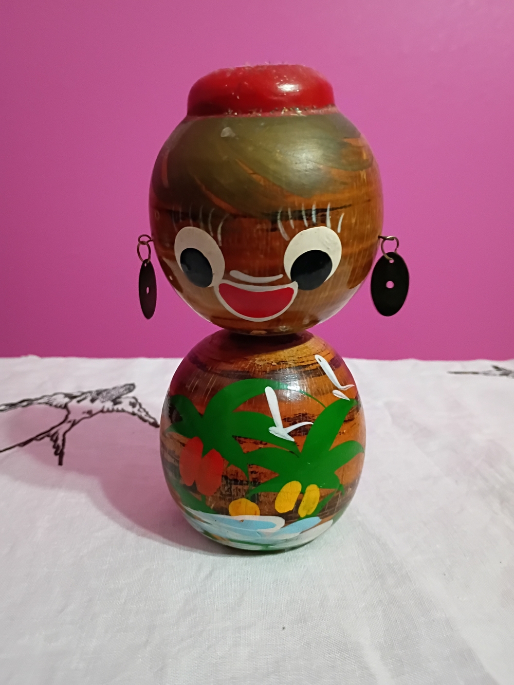 Hand-Painted Wooden Tropical Doll - Brown and Green